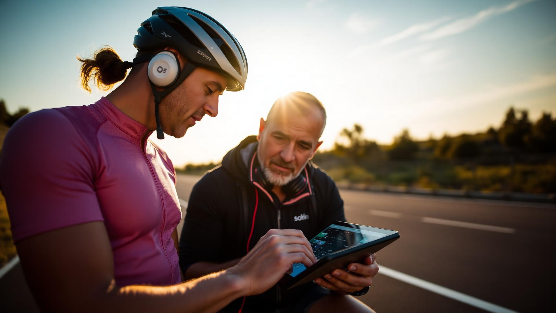 Atleta e treinador analisando dados em tablet